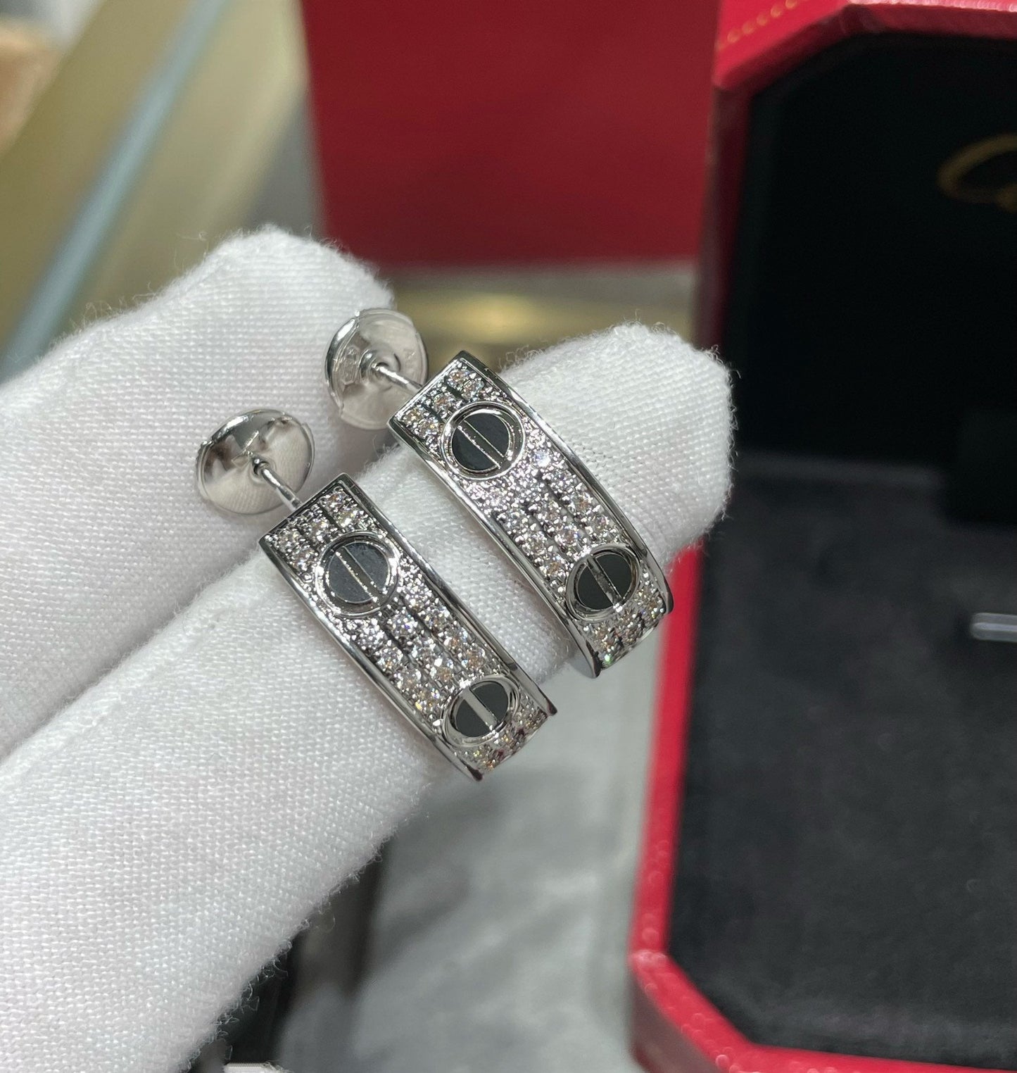 [Stars Jewelry]LOVE CERAMIC DIAMOND PAVED SILVER EARRINGS