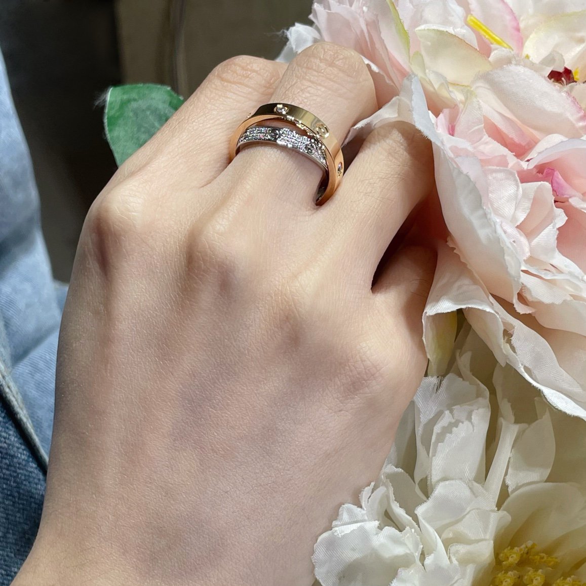[Stars Jewelry]LOVE PINK GOLD SILVER DIAMOND DOUBLE RING