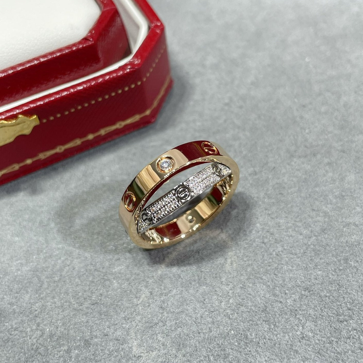 [Stars Jewelry]LOVE PINK GOLD SILVER DIAMOND DOUBLE RING