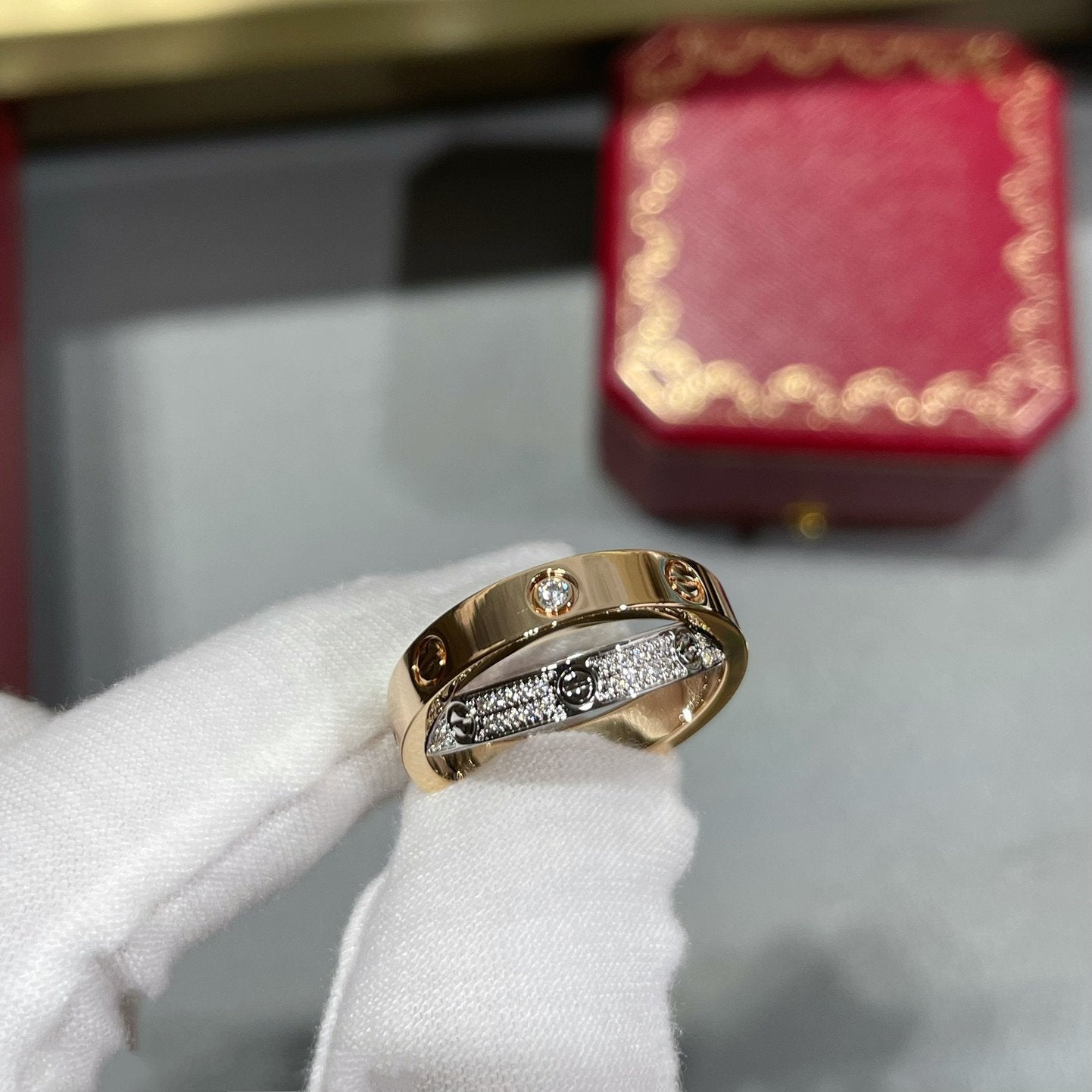 [Stars Jewelry]LOVE PINK GOLD SILVER DIAMOND DOUBLE RING