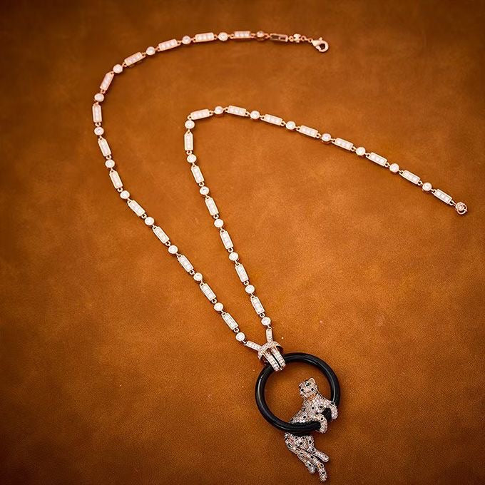 [Stars Jewelry]NEW BLACK CIRCLE PANTHER FULL DIAMOND NECKLACE