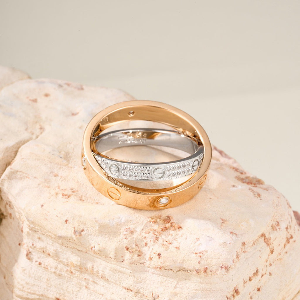[Stars Jewelry]LOVE PINK GOLD SILVER DIAMOND DOUBLE RING