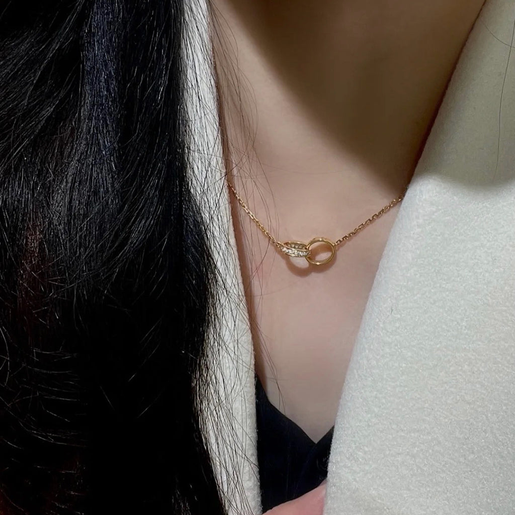 [Stars Jewelry]LOVE DOUBLE RING HALF DIAMOND NECKLACE