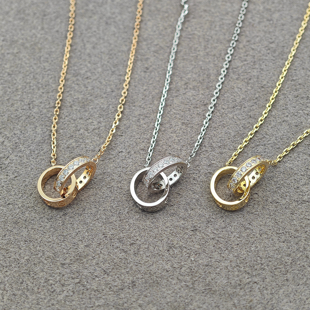 [Stars Jewelry]LOVE DOUBLE RING HALF DIAMOND NECKLACE