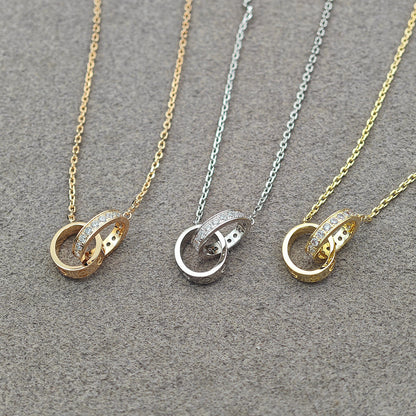 [Stars Jewelry]LOVE DOUBLE RING HALF DIAMOND NECKLACE